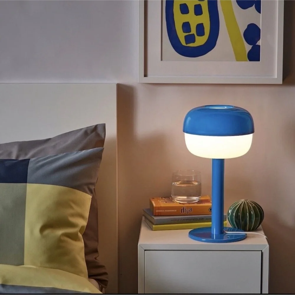 IKEA Blasverk Table Lamp in Bright Blue and White